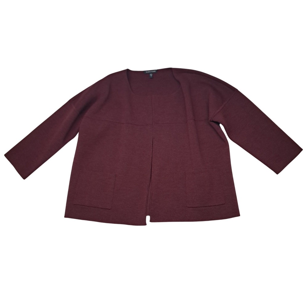 Eileen Fisher Cardigan Women's Small Red Burgundy 100% Wool Open Front Capsule